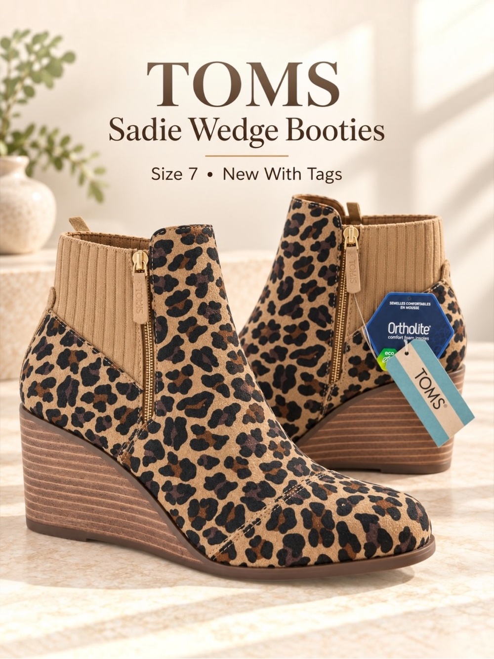 TOMS Sadie Leopard Suede Wedge Ankle Booties Women’s Size 7 NWT